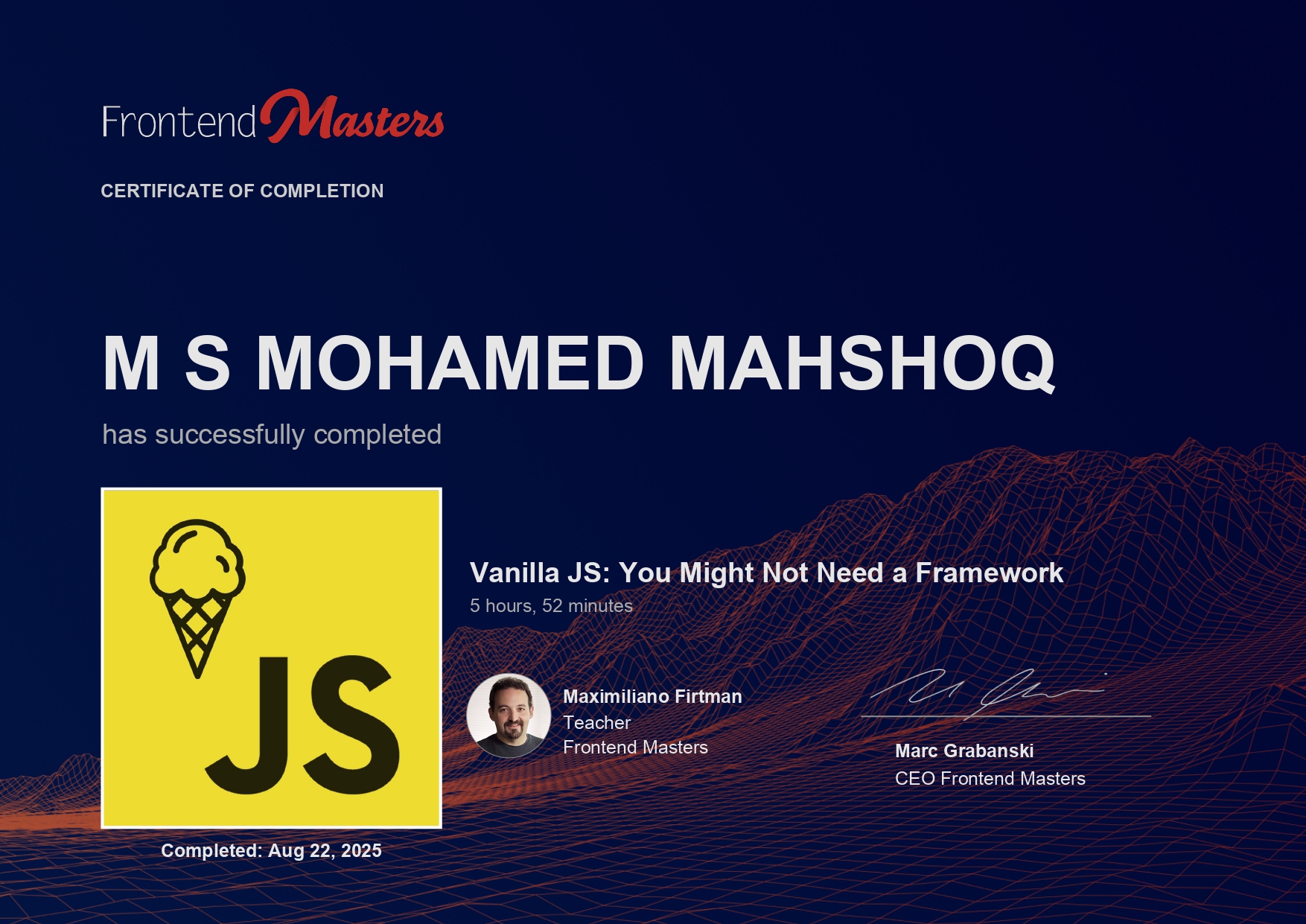 Vanilla JavaScript Apps Certificate